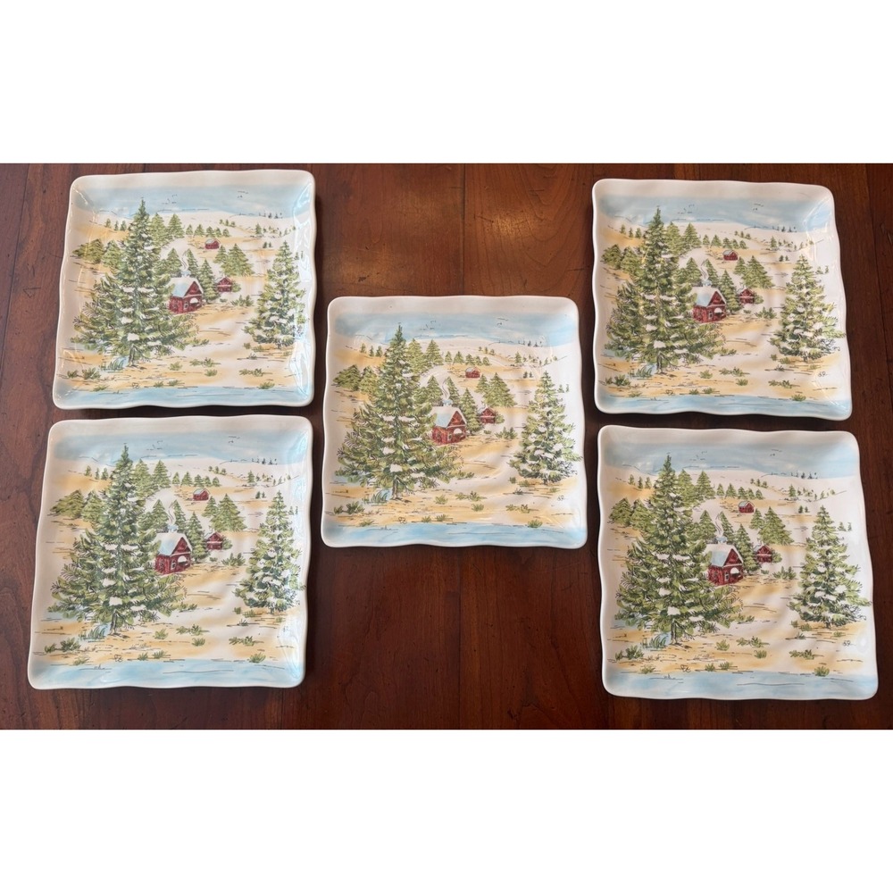 Set of 5 Maxcera Christmas Winter Red Barn Pine Tree Square Salad Plates 8.5"